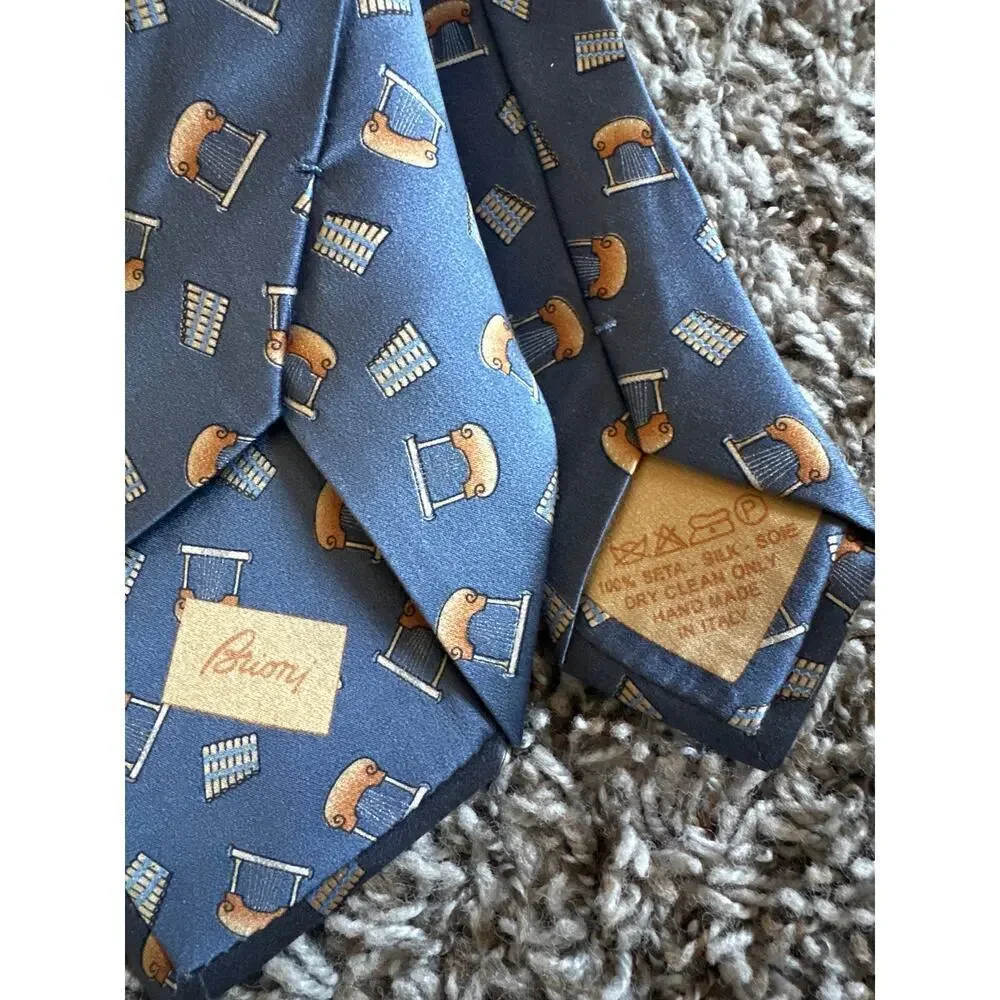 Men’s Brioni Italian 100% Silk Tie Lyre Pan Flute Music Design Blue UNIQUE